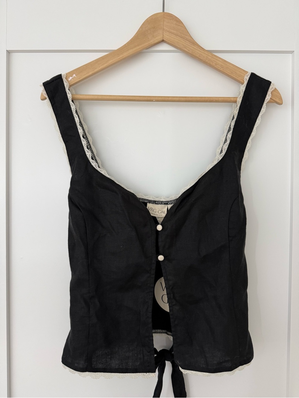 Black Lace-Trim Tank Top with Front Buttons
